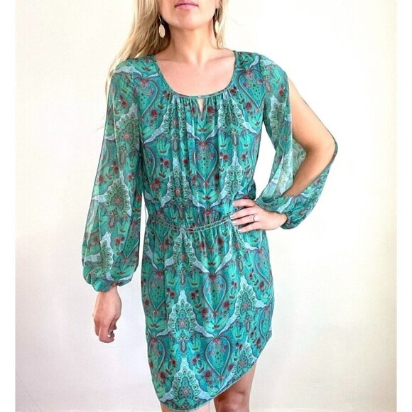 Chelsea & Violet Sz S Split Sleeve Shift Tunic Dress Blouson Paisley Print Green - Picture 4 of 13